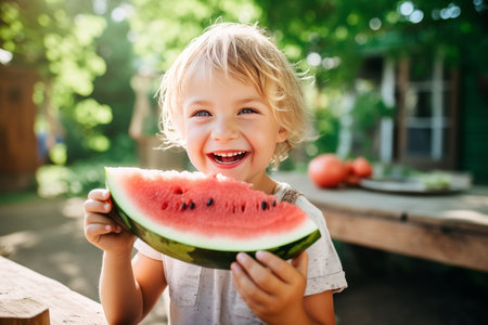 Adorable little child with blond hair eating watermelonの素材