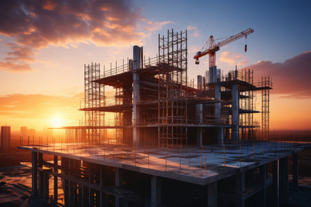 construction site and sunset , structural steel beam build large residential buildingsの素材