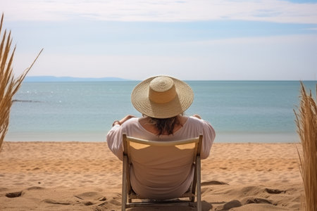 A fat woman enjoys her vacation. sitting relaxing on the beach, in the background the beach and the sea.の素材