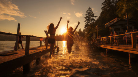 Friends leaping off a wooden dock into a sparkling lakeの素材