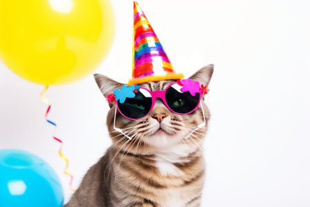 Funny party cat wearing colorful summer hat and stylish sunglasses isolated over white background. Colorful joyful greeting card for birthday or other festive eventsの素材