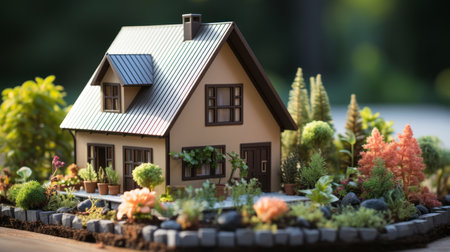 Wooden model of house on grassの素材