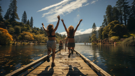 Friends leaping off a wooden dock into a sparkling lakeの素材