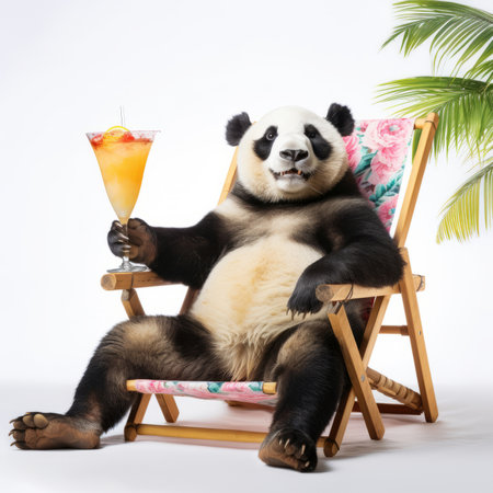 Funny panda bear wearing stylish sunglasses holding glassの素材