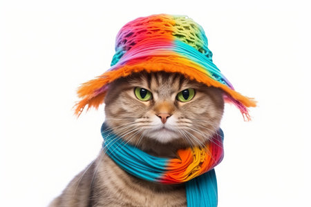 Funny party cat wearing colorful summer hat and stylish sunglasses isolated over white background. Colorful joyful greeting card for birthday or other festive eventsの素材