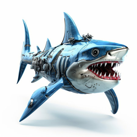Scary shark robot, robotic fish isolated over white backgroundの素材