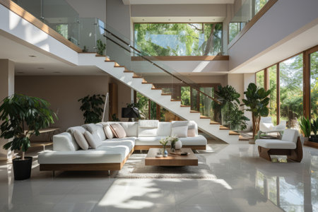 Interior design of modern entrance hall with staircase in villaの素材