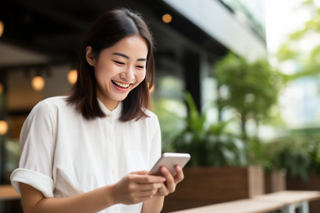Woman smiling and using mobile for online paymentの素材