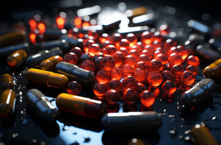a pile of pills with a red and orange labelの素材