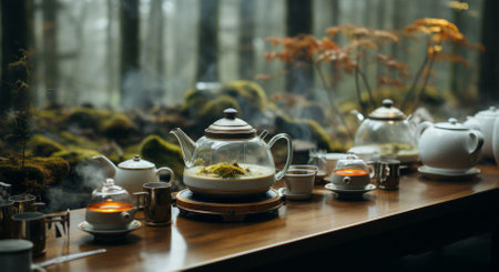 a white kettle pots and pans on a wooden counterの素材