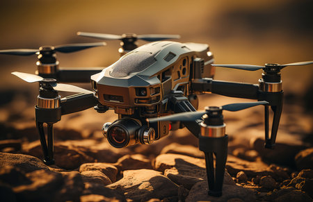 a drone is flying through a desert region at sunsetの素材
