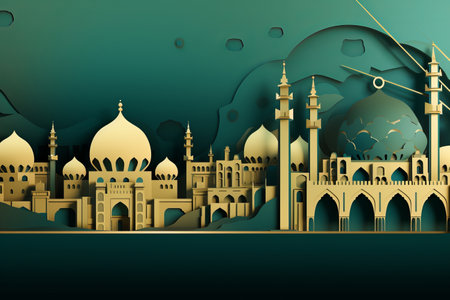 a multidimensional paper cutout, grand mosque, eid al adha, midnight green and earth yellow colorの素材