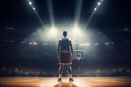 Basketball pro player standing in the court ready to playの素材