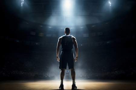 Basketball pro player standing in the court ready to playの素材