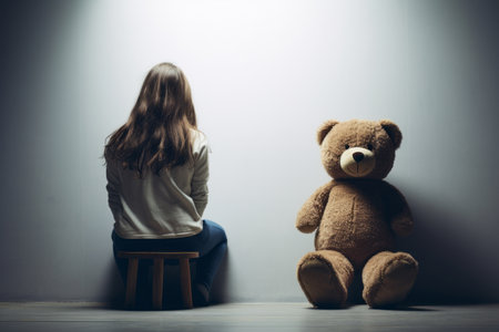 a girl behind body with a teddy bear sitting and facing an empty white wall in the classroom,の素材