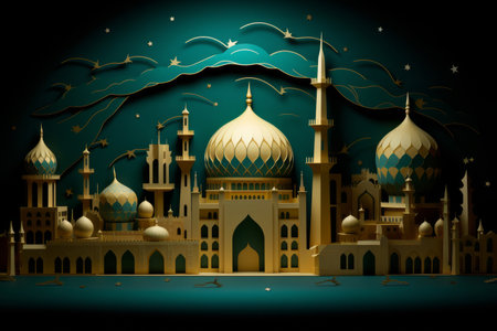 a multidimensional paper cutout, grand mosque, eid al adha, midnight green and earth yellow colorの素材