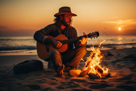 a person plays guitar with a bonfire at sunset at the beachの素材