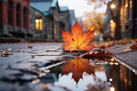 a leaf laying on a concrete sidewalk in front of a buildingの素材