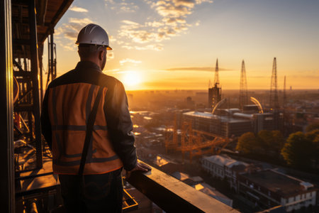 architect or construction worker or civil engineer or foreman with hard hat and safety vest on construction site with crane and sun flareの素材