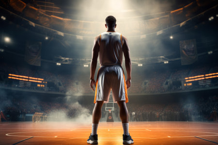 Basketball pro player standing in the court ready to playの素材