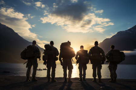 group soldiers from behind full shot bright mood lighting movieの素材