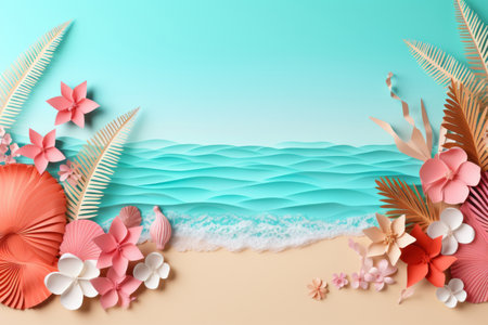 colorful summer time background with tropical beach paper craft style, pastel color theme, summer, copyspaceの素材