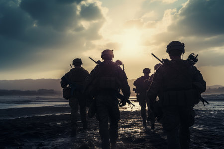 group soldiers from behind full shot bright mood lighting movieの素材