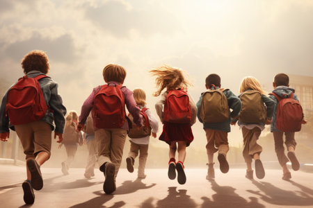 Elementary school kids from behind with backpacks runningの素材