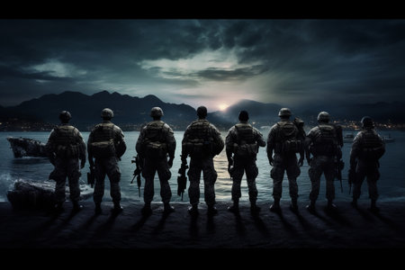 group soldiers from behind full shot bright mood lighting movieの素材