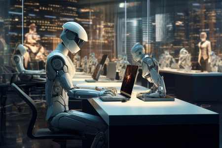 Visualize a futuristic office scene where robots are seated at a sleek desk, operating PCs, robots, tasks, such as typing, human colleagues.の素材