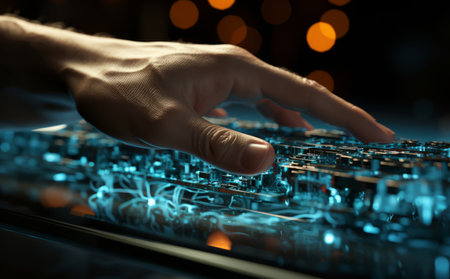 robot hands reaching fingers on a machineの素材