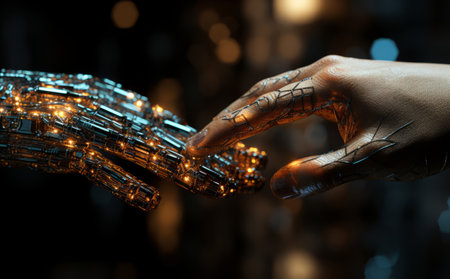 robot hands reaching fingers on a machineの素材