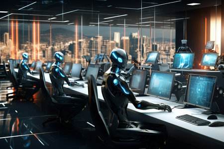 Visualize a futuristic office scene where robots are seated at a sleek desk, operating PCs, robots, tasks, such as typing, human colleagues.の素材