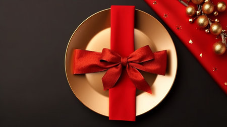 Plate with red napkin and cutlery, minimal Christmas table settingの素材