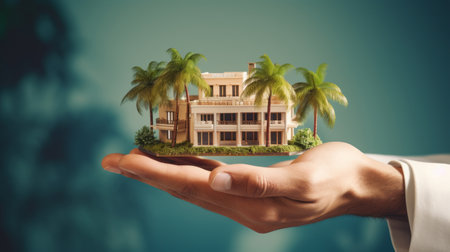 Commercial real estate advertisement, a body shot of business men with a house on his handの素材