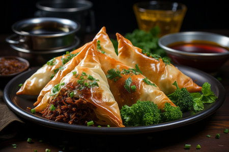 Keema Samosa (Indian Appetizer) - Crispy pastry pockets filled with a spiced minced meat (keema) mixtureの素材
