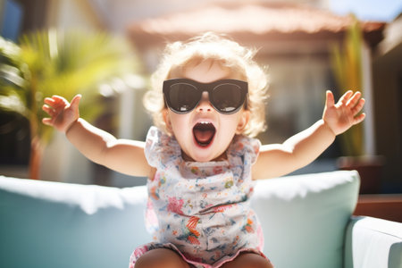 Funny kid girl playing outdoor surprised emotional child in sunglasses 1 years old baby raised hands family vacationsの素材