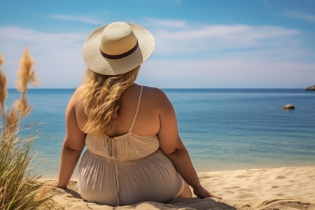 A fat woman enjoys her vacation. sitting relaxing on the beach, in the background the beach and the sea.の素材