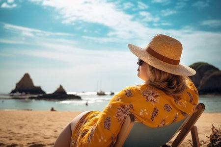 A fat woman enjoys her vacation. sitting relaxing on the beach, in the background the beach and the sea.の素材