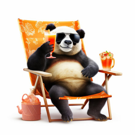 Funny panda bear wearing stylish sunglasses holding glassの素材