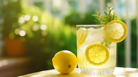 Summer refreshing cold summer lemonade drink or alcoholic cocktail with ice, rosemary and lemon slices on the table in the garden. Fresh healthy cold lemon beverage. water with lemon. with greenの素材