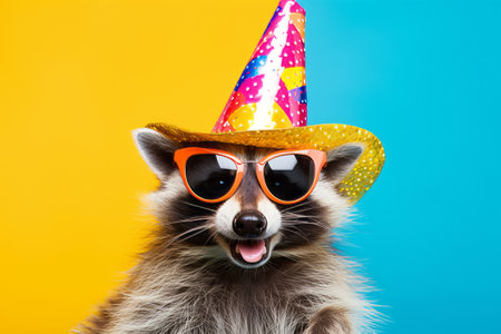 Funny party raccoon wearing colorful summer hat and stylish sunglasses isolated over white background. Colorful joyful greeting card for birthday or other festive eventsの素材
