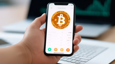 A person using a decentralized app like a bitcoin wallet, business purpose, transparent backgroundの素材