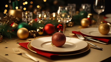 A Christmas table with a invitation card set on the table.の素材