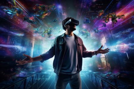 a man experiencing 4d Lights and shadows of the metaverseの素材