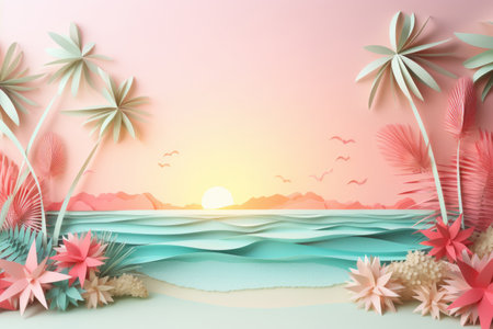 colorful summer time background with tropical beach paper craft style, pastel color theme, summer, copyspaceの素材