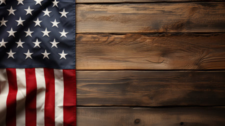 Flat lay wooden desk with usa flag on the top 4th of julyの素材