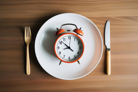 Concept of intermittent fasting, showing an empty plate and a clock. The practice of eating within specific time frames to promote better health and weight managementの素材