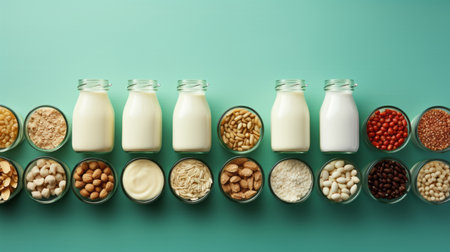 Non dairy plant based milk in bottles and ingredients on turquoise background. Alternative lactose free milk substitute.の素材