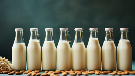 Non dairy plant based milk in bottles and ingredients on turquoise background. Alternative lactose free milk substitute.の素材